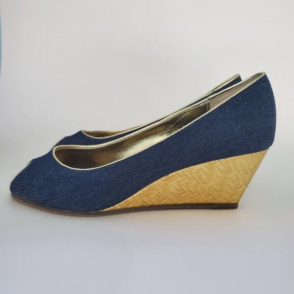 Aj Valenci Open Toe Comfort Blue Denim Wide Wedge Shoes - Picture 5 of 9